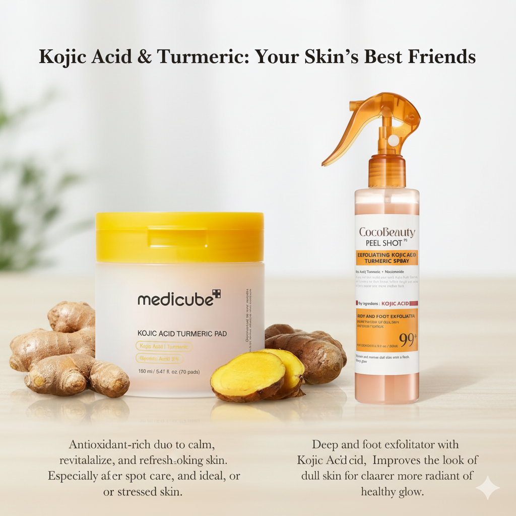 Kojic Acid & Turmeric Skin Care Duo – Clarifying Toner Pads + Body Peel Spray for Dark Spots, Acne, and Uneven Tone