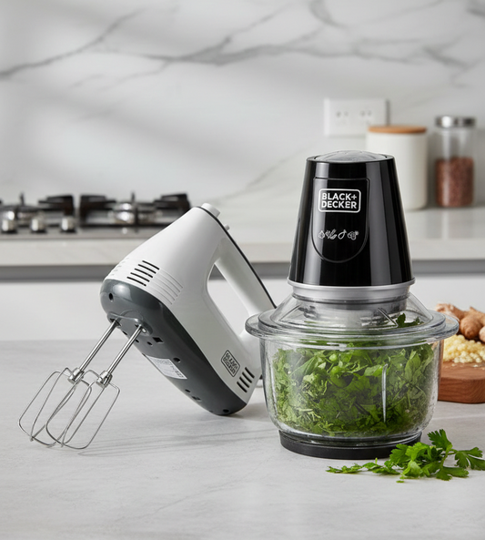 BLACK+DECKER Kitchen Power Combo – 300W Hand Mixer + 400W Chopper